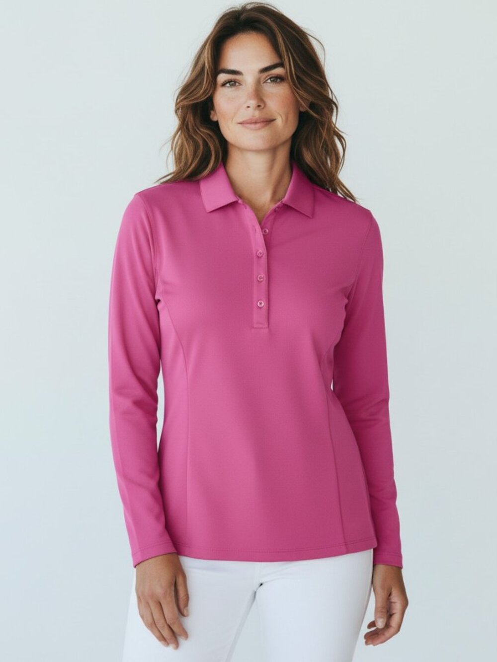 Lady Hagen Hydro-Dri Pink Long Sleeve Golf Polo M Pearl Snap Preppy Activewear